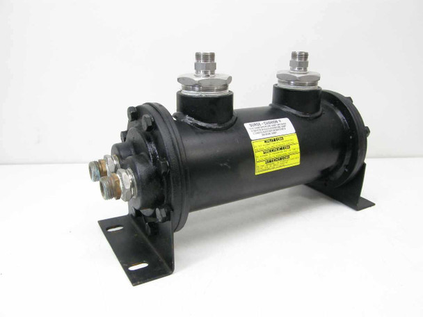 Thermal Transfer 4F352 hydraulic oil cooler — three-quarter front view showing black cylindrical shell, dual chrome water inlet fittings on top, lower oil ports, rotating mounting brackets, and spec label