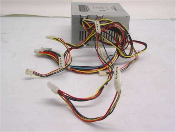 PC Power & Cooling Standard 250ATX 250W ATX power supply – rear view showing ventilation grille and full spread of output cable harness with Molex, Berg, and ATX connectors
