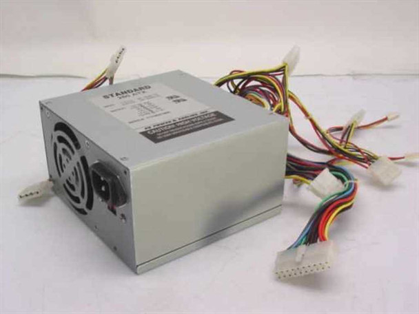 Standard 250ATX ATX power supply front and side view showing dual cooling fans and output cable harness