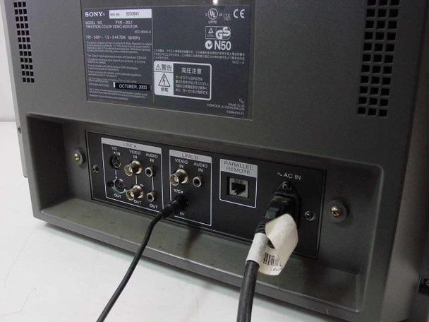 Sony PVM-20L1 rear connector panel close-up — VIDEO IN/OUT BNC and RCA connectors, AUDIO IN/OUT RCA, PARALLEL REMOTE port, and AC IN inlet with power cord