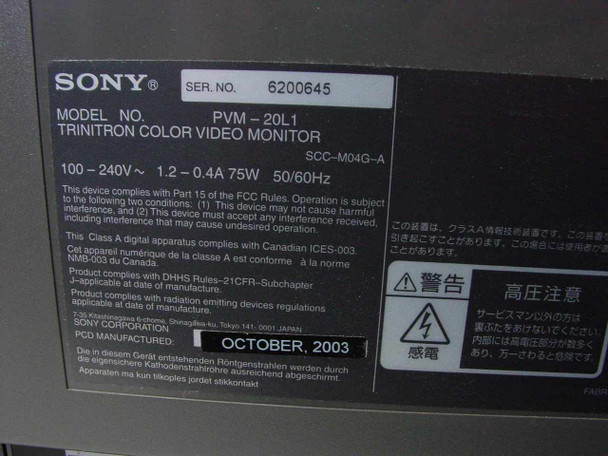 Sony PVM-20L1 rear rating label — model number, serial number 6200645, SCC-M04G-A board code, 100–240V 75W 50/60Hz specs, manufactured October 2003, made in Japan