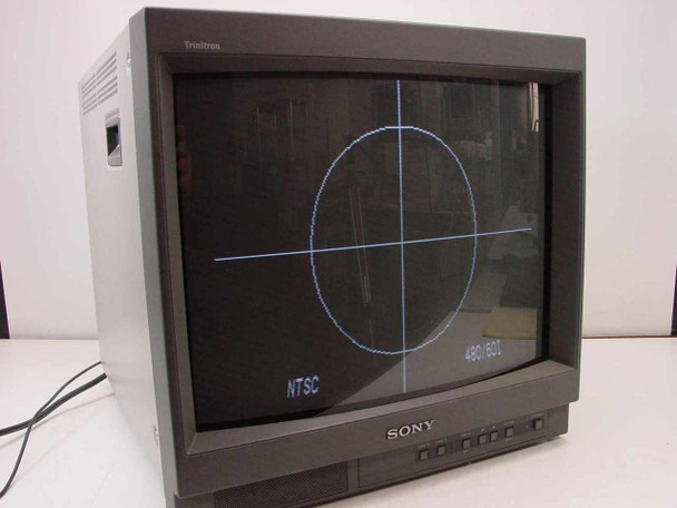 Sony PVM-20L1 Trinitron 19-inch color video production monitor — front view showing power-on screen with NTSC circle/crosshair test pattern and 480/60i display