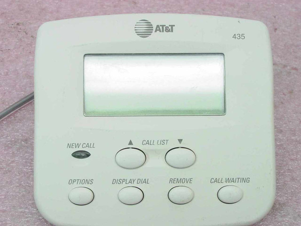 AT&T 435 Caller ID box – front panel view showing LCD display and buttons: NEW CALL, CALL LIST, OPTIONS, DISPLAY DIAL, REMOVE, CALL WAITING