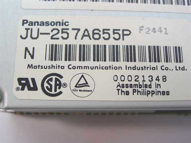 Panasonic JU-257A655P label close-up showing model number, Matsushita Communication Industrial branding, UL/CSA/TÜV certifications, and Philippines assembly