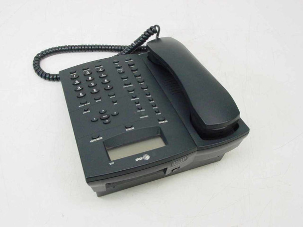 AT&T 955 corded desk phone – rear three-quarter view showing bottom panel and right side with handset in cradle