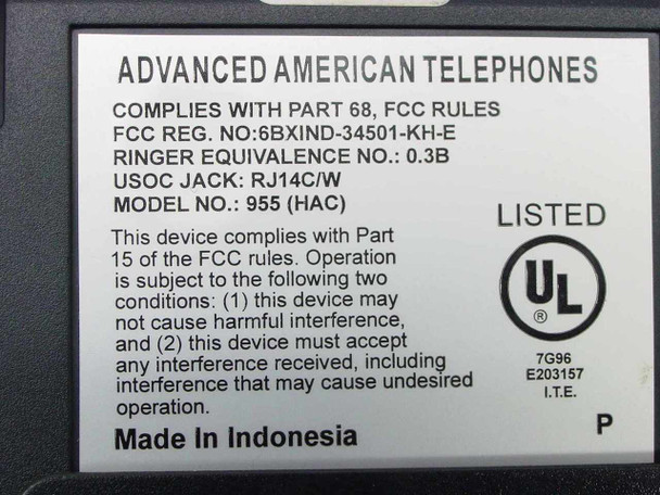 AT&T 955 regulatory label – showing model number 955 HAC, FCC registration, RJ14C/W jack, UL listing, Made in Indonesia