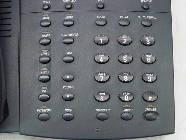 AT&T 955 close-up of lower front panel – Line 1–4, Intercom, Conference, Page, Hold, Transfer, Headset, Speaker, and dial pad