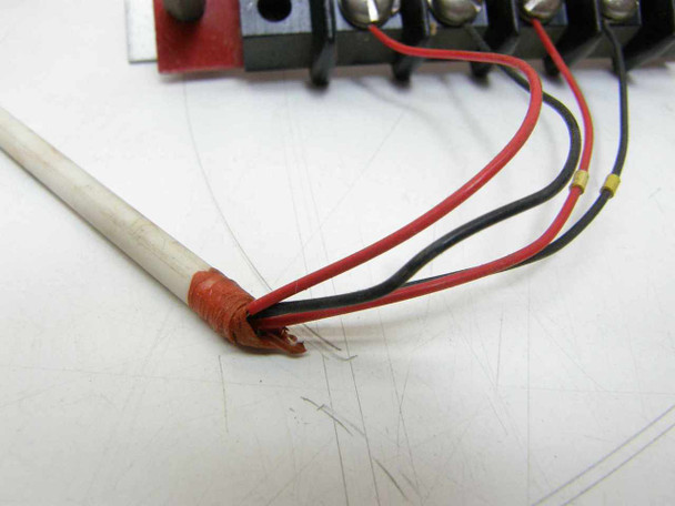 Thermco 4104 thermal probe tip close-up – ceramic probe end with red heat-shrink wrap and three lead wires (red, black, and black) fanning out toward terminal block