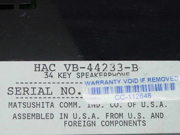 Panasonic VB-44233-B bottom label showing model number HAC VB-44233-B, 34 Key Speakerphone, serial number barcode, and Matsushita Comm. Ind. Co. of U.S.A. assembled in U.S.A.