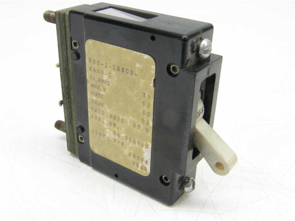 Airpax 205-1-11REC2-2480-1 circuit breaker – rear/side view showing white toggle actuator and terminal studs