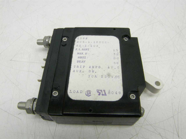 Airpax 205-1-1REC2-52-1-100 circuit breaker – bottom label view showing full spec plate: FL Amps 10, Max V 32, Hertz DC, Delay 52, Trip Amps 12.5, Aux SW, 10A 250VAC, CSA and UL marks