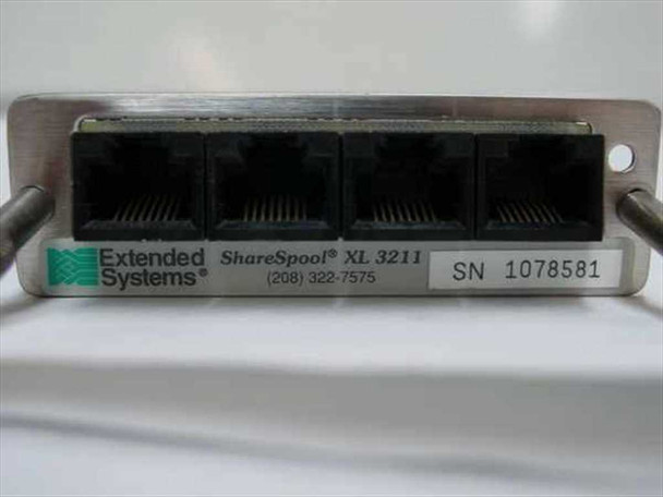 Extended Systems ShareSpool XL 3211 card — front bracket close-up showing 4 RJ-45 ports and product label with serial number