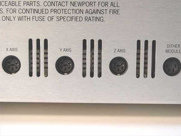 Newport ORION-CM rear panel showing X Axis, Y Axis, Z Axis, and Dither Module DIN connectors with ventilation slots