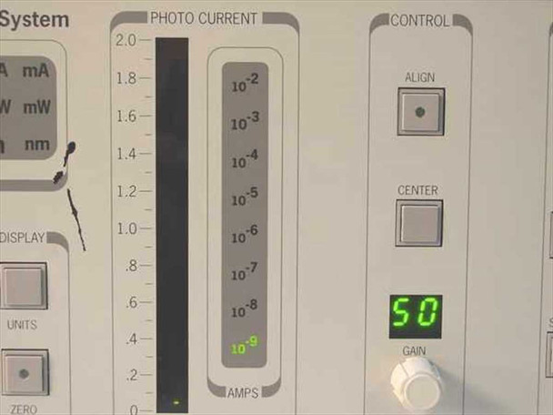 Newport ORION-CM front panel close-up of photo current bar graph meter (10^-9 to 10^-2 A scale), control section with ALIGN and CENTER buttons, and GAIN display showing 50