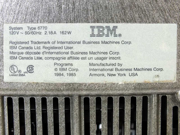 IBM 6770 Wheelwriter System/40 rating plate — System Type 6770, 120V 50/60Hz 2.18A 162W, manufactured by IBM Corp., Armonk NY USA, programs copyright 1984 1985