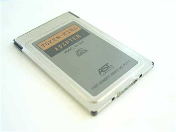 AST TR 16/4 PCMCIA Token Ring Adapter Card 230372-001 Rev A – angled view of front label and right-side connector port