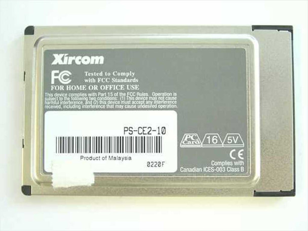 Xircom PS-CEM-28 rear label showing model PS-CE2-10, PC Card 16-bit 5V, FCC markings, and Product of Malaysia sticker