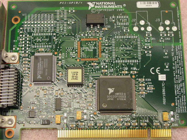 National Instruments PCI-GPIB/+ PCB top view showing NI mMITE3-A controller chip, TNT4882C chip, and copyright 1997 marking