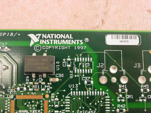 National Instruments PCI-GPIB/+ board detail showing NI logo, copyright 1997, Epson oscillator, and barcode label A8C878