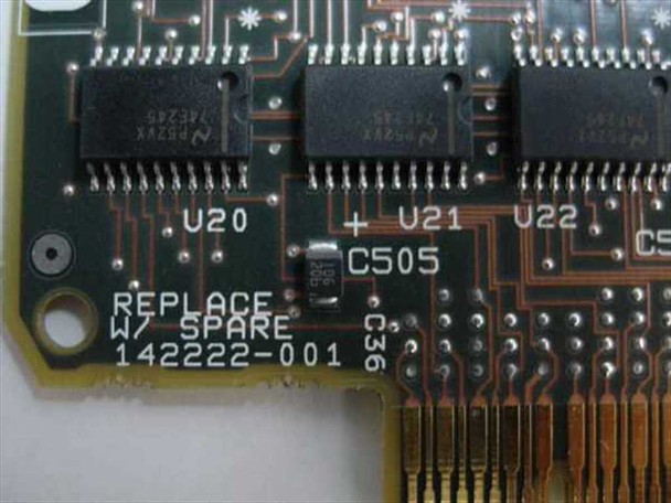 Compaq NetFlex-2 142222-001 – PCB close-up showing 'REPLACE W/ SPARE 142222-001' silkscreen label