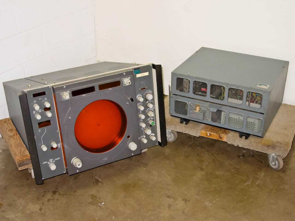 Decca Radar TMS1230C marine radar system — Type 65165 display console (left) and Type 65170 transceiver unit (right) on warehouse floor