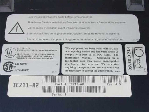 IOtech IEZ11-A2 bottom label showing part number IEZ11-A2, Rev 4.5, UL listing LR 88899, SCSI488/X, FTZ C-037/90, and LA-44 markings