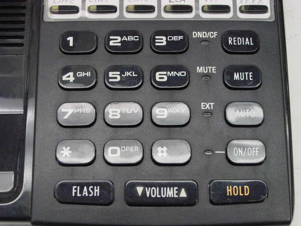 Panasonic VB-44210-B — close-up of dial pad with DND/CF, Redial, Mute, EXT, Auto, On/Off, Flash, Volume, and Hold keys
