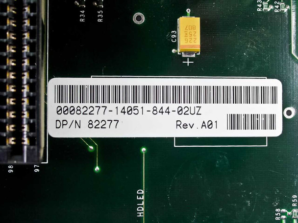 Dell 82277 riser card label closeup showing part number 00082277-14051-844-02UZ, DP/N 82277, Rev A01 barcode sticker