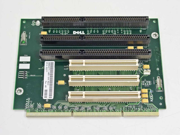 Dell 82277 ISA PCI riser card top view showing 3x 16-bit ISA slots and 3x PCI slots with Dell logo label