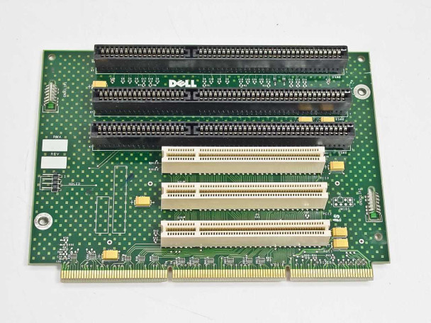 Dell 85521 riser card front view showing ISA and PCI expansion slots with Dell logo visible