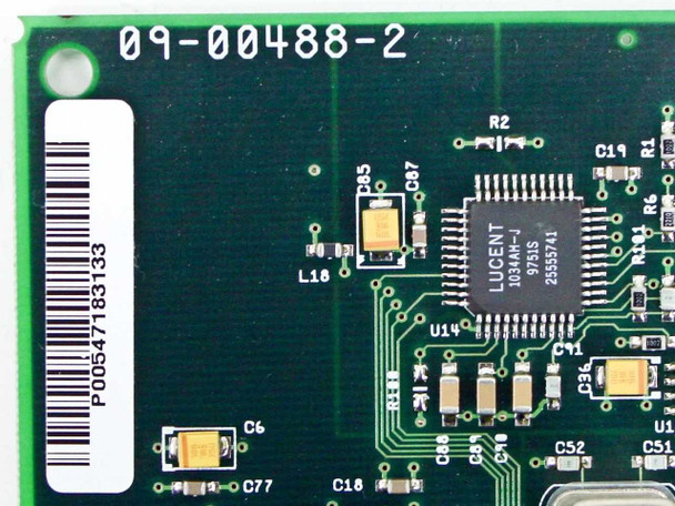 Close-up of Practical Peripherals 4722US PCB showing Lucent 1034AM-J modem chipset and board number 09-00488-2