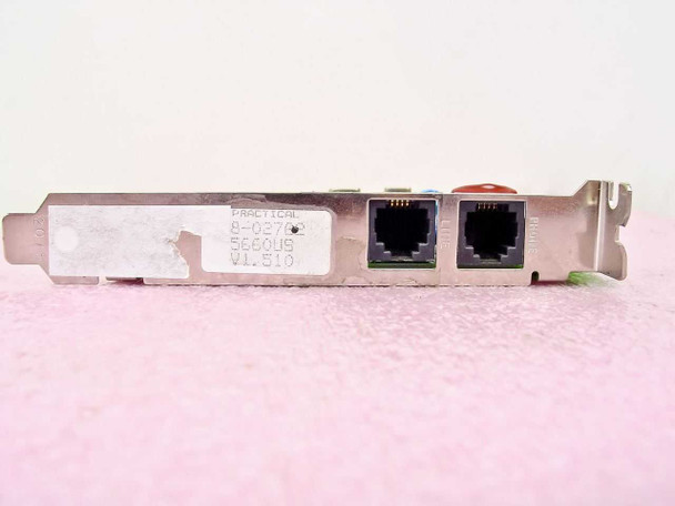 Practical Peripherals 5660US modem bracket edge view showing two RJ-11 ports and label with model and version info