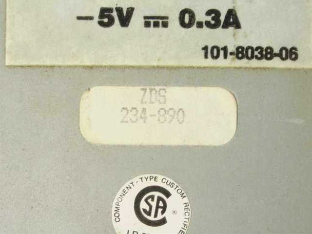 Zenith ZDS 234-890 label closeup showing model number ZDS 234-890, -5V 0.3A output spec, part number 101-8038-06, and CSA certification mark