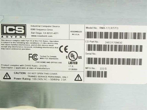 ICS Advent RMX-17CRT/TS rating label – model number, CD part number 24E01709630, power rating 100-240V 2.0A, UL and CE markings, Assembled in U.S.A.