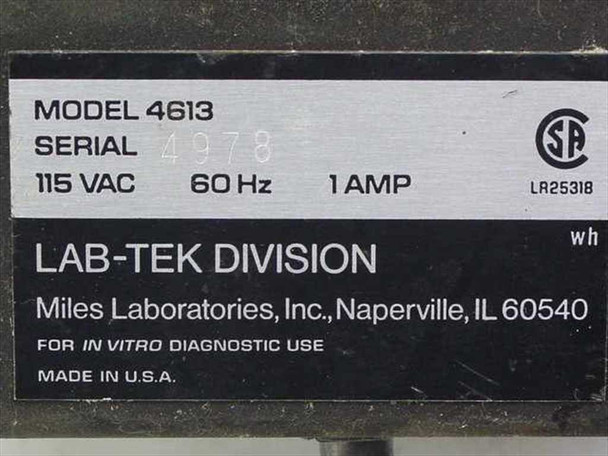 Lab-Tek Tissue-Tek II 4613 rating label — Model 4613, 115VAC 60Hz 1 AMP, CSA certified, Lab-Tek Division / Miles Laboratories Naperville IL, For In Vitro Diagnostic Use, Made in USA