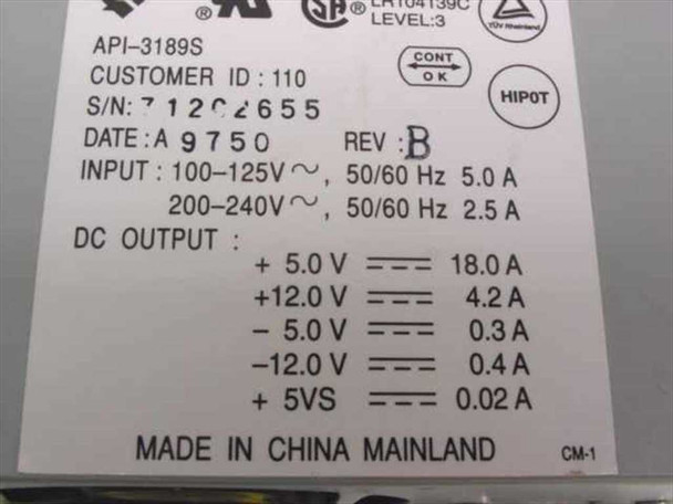 API-3189S power supply specification label – showing model, input voltage 100-240V, DC output rails, revision B, date code A9750, and certifications