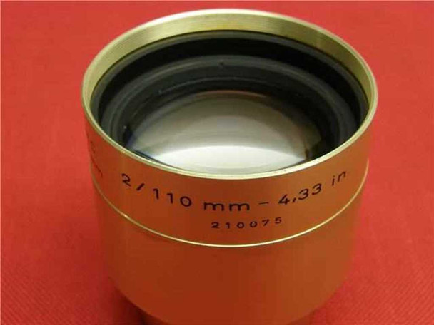 ISCO-Optic 210075 Ultra MC cinema lens — side view showing '2/110 mm – 4.33 in' focal length and part number 210075 engraved on barrel