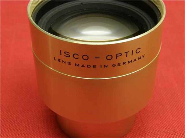 ISCO-Optic Ultra MC 35/70mm cinema projection lens — front angled view showing gold barrel with 'ISCO-OPTIC LENS MADE IN GERMANY' engraving
