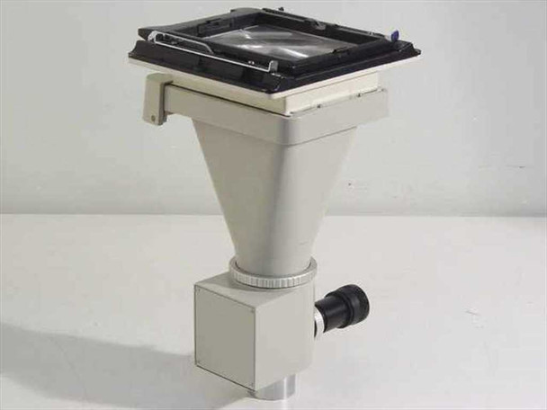 Nikon PFX Photomicrographic Shutter Assembly — front-right three-quarter view showing shutter body, 4x cone, open 4x5 back with ground glass viewer, and eyepiece