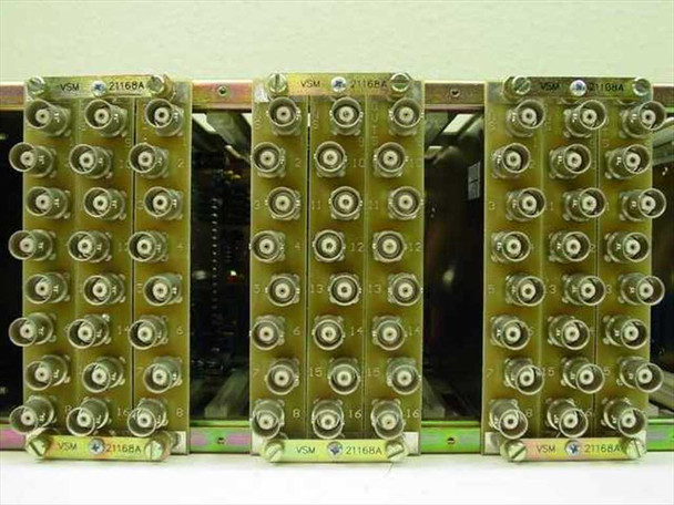 VSM 21168A BNC cards installed in Sigma Electronics SS-2100-16 Series 2100 card frame – close-up of card faceplates with BNC connectors
