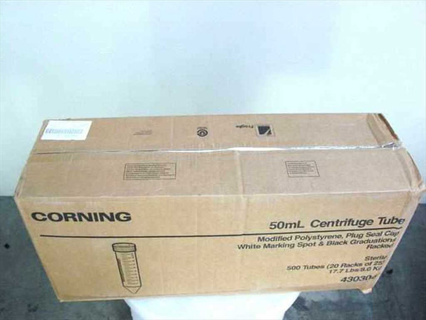 Corning 430304 50mL Centrifuge Tube case of 500 — side view of sealed cardboard shipping box with product specs printed on end panel