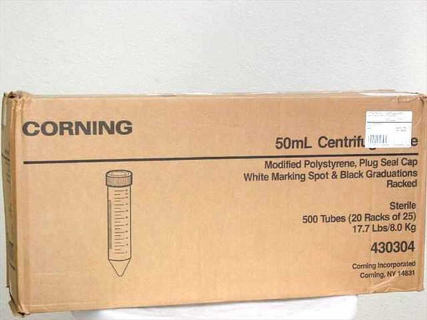 Corning 430304 50mL Centrifuge Tube case of 500 — front of sealed cardboard box showing product label and model number