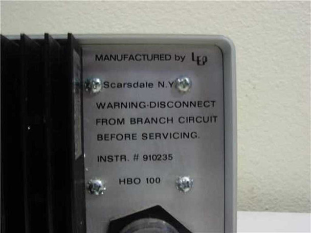 Close-up of Carl Zeiss LEP HBO 100 rear manufacturer label: MANUFACTURED by LEP, Scarsdale NY, INSTR. #910235, HBO 100, with disconnect warning