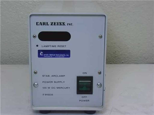 Carl Zeiss LEP HBO 100 Arc Lamp Power Supply front panel showing LAMPTIME RESET button, Carson Optical service sticker, and illuminated green ON/OFF rocker switch