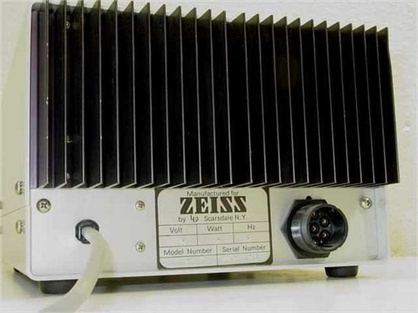 Zeiss 91 01 44 Arc Lamp Power Supply rear panel with large finned aluminum heatsink, Zeiss IQ label, and multi-pin circular output connector