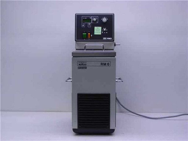 Brinkmann MGW Lauda RM6 refrigerated circulating water bath — front view showing control head with digital display, indicator lights, and knob, plus stainless bath tank and refrigeration unit below