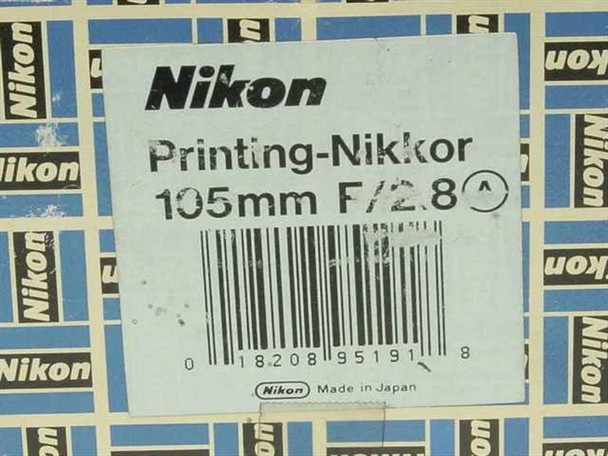 Original Nikon box label showing Printing-Nikkor 105mm F/2.8 with barcode and Made in Japan text