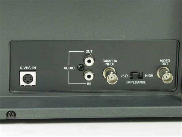 Pelco PMC21A rear connector panel showing S-VHS In (4-pin S-Video), RCA Audio Out and In, BNC Camera Input with 75-Ohm/High impedance switch, and BNC Video Out