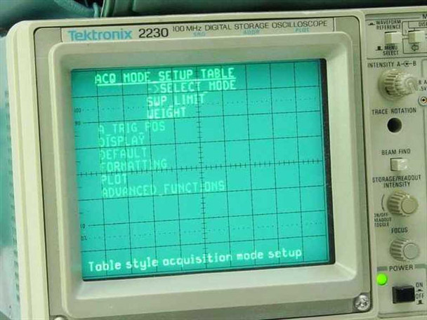 Tektronix 2230 oscilloscope screen displaying ACQ Mode Setup Table menu — unit powered on