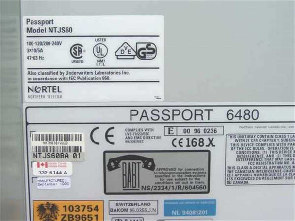 Nortel Passport 6480 NTJS60BA rating plate showing 100-120V/200-240V, 3x10/5A, 47-63Hz and BABT approval label